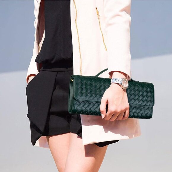 🆕Women Emerald Green Leather Woven Clutch Purse Evening Handmade Shoulder Bag - Picture 2 of 6
